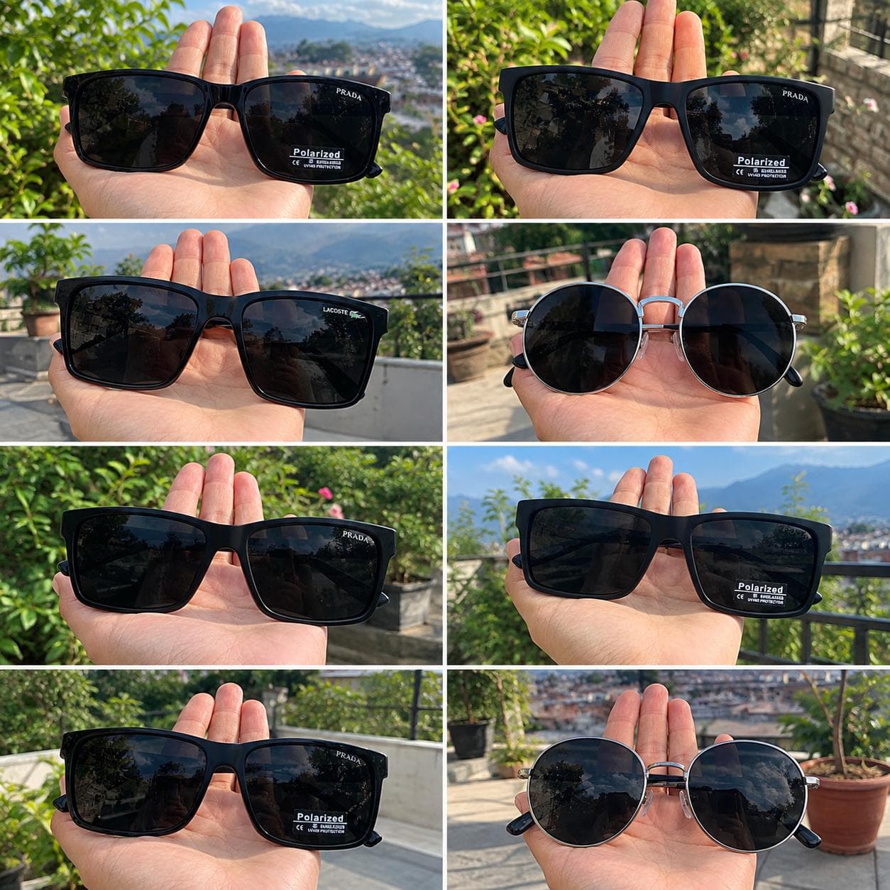 Black sunglasses displayed on a gold stand